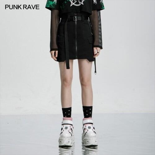 PUNK RAVE Womens Punk Style Handsome A-line High Waist Skirt Asymmetrical Fake Pocket Collect Waist Black Girl Short Skirts