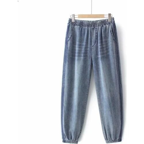 Plus size high waist Womens pants jeans 2021 fashion blue Loose elastic waist side stripe embroidery woman denim trousers