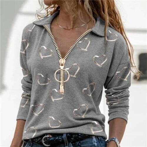 V-Neck Pullover Tops Elegant Heart Printed Zipper T-Shirt Women Autumn Casual Long Sleeve Top Lady Shirt Street Plus-Size Tees