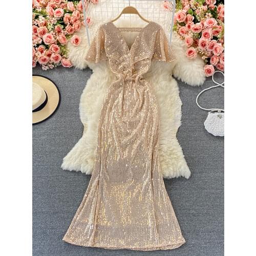 Sexy Sequins Mermaid Party Long Dress Women Elegant V-Neck Short Sleeve Ruffle High Waist Vestidos Summer Female 2021 Fashion