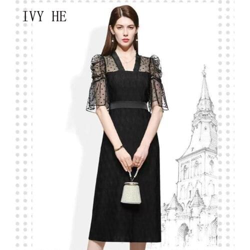 IVY HE High Quality Summer Dress Woman Clothing Vintage Black Office Lady Temperament DOT Midi Dress Traf Robe ZA Party Dresses