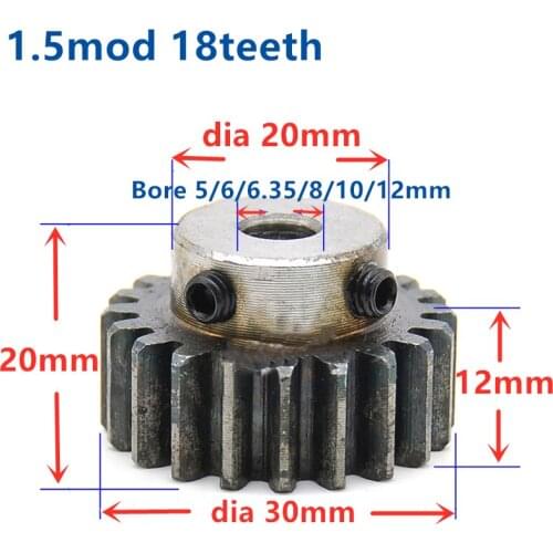 Quench Spur Gear pinion 1.5M 18T 18Teeth Mod 1.5 Width 12mm Bore 5-12mm Right Teeth major gear cnc gear rack transmission RC