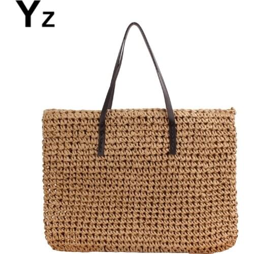Aaby 2021 Summer Pu Leather Handle Straw Women Shoulder Bags Striped Hand-Woven Women Handbags Large Paper Rope Woven Ladies Bag