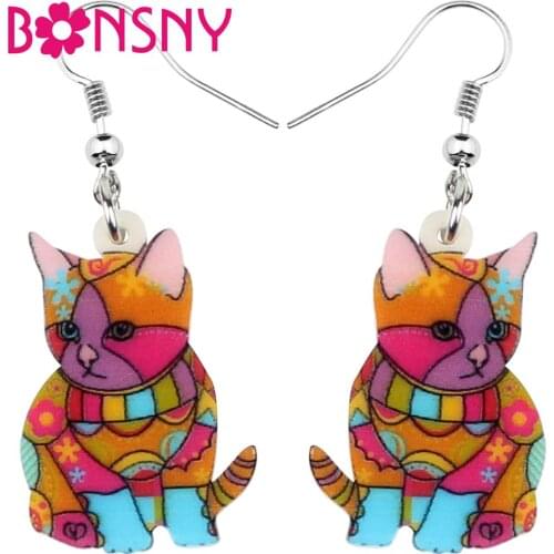 Bonsny Acrylic Anime Floral Kitten Cat Earrings Dangle Drop Cute Pets Jewelry Children Girls Charms Party Gift Fashion Accessory