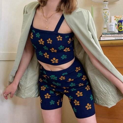 Dourbesty Fashion Floral Knitted Two Piece Set Female Cami Crop Top and Skinny Shorts Women Matching Suit Streetwear y2k Vintage