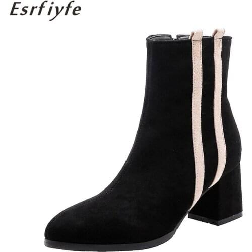 ESRFIYFE 2020 New Brand Womens Ankle Boots Zipper Square Heels pointed Toe for Ladies Side Zippers Footwear Womens Shoes Mujer