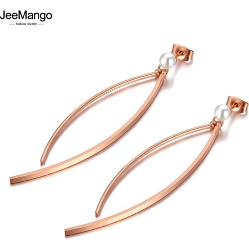 JeeMango Titanium Stainless Steel White Pearl Geometry Earrings Rose Gold Trendy Bohemia Party Earrings For Women Girls JE20190