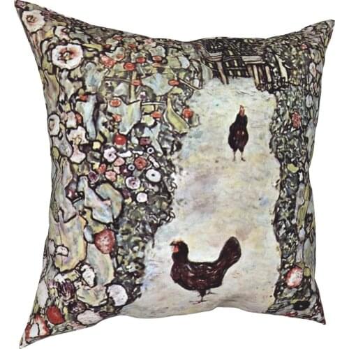 Gustav Klimt Garden With Roosters Beautiful Floral Chicken Pillowcover Home Decor Cushions Throw Pillow for Sofa