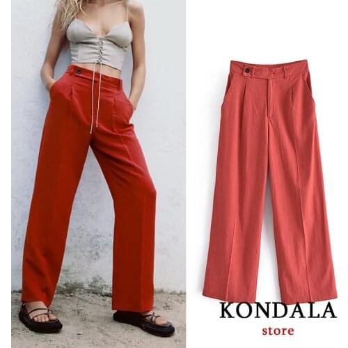 KONDALA Za 2021 Chic Red High Waist Wide Leg Pants Women Fashion Autumn Button Long Trousers Female Casual Mujer Pants