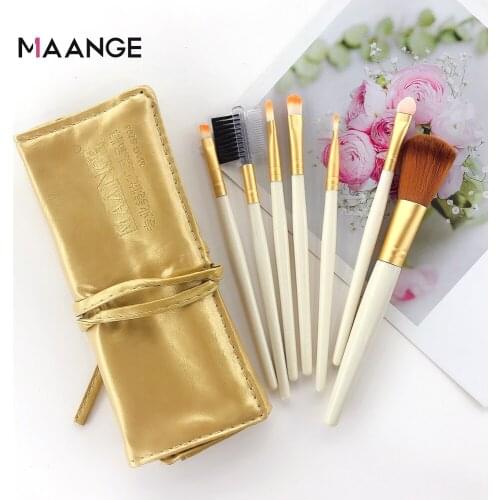 MAANGE Soft Synthetic Hair Eye Shadow Brush White Handle Blending Blush Lip Powder Highlighter Makeup Brushes Set 7pcs with Bag