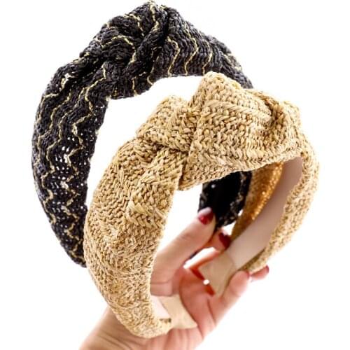 2021 Vintage Straw Braided Bezel Hairband Women Knot Turban Headband Girls Hair Accessories Opaska Do Wlosow Opaski Diadema