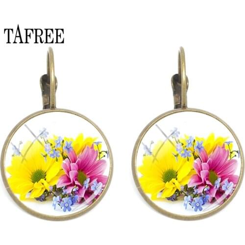 TAFREE Vintage Glass Cabochon Flower Picture Clip Earrings Antique Bronze Plated Earring For Women Christmas Gift Jewelry FL10