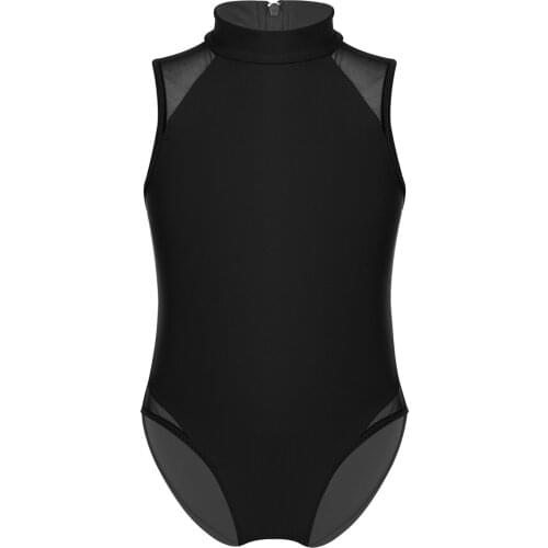 Kids Girls Ballet Dance Costume Sleeveless Mock Neck Mesh Splice Back Zipper Closure Dance Exercise Gymnastics Leotard Jumpsuit