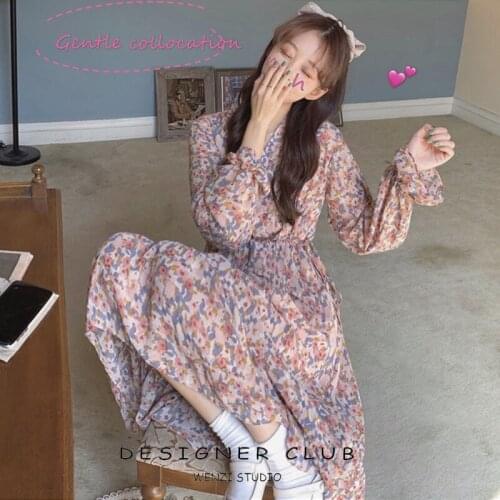 Woman Dresses New Fall Womens Clothing Floral Dress Chiffon Strap Printing Vestido De Mujer Femme Robe