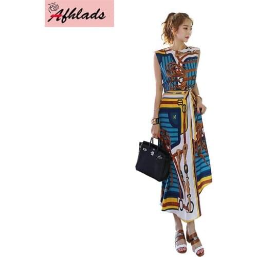 Sleeveless Print 2018 New Korean Two-piece Fashion style Shirt Waist Womens O-Neck Tops Elastic Waist skirts Two-piece Sets