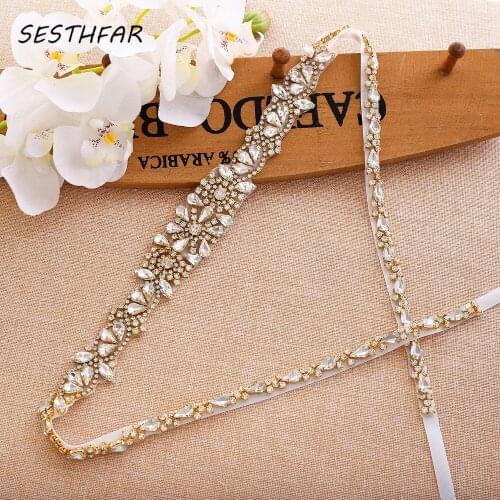 SESTHFAR Crystal Bridal Belt Flower Wedding Sash Gold Rhinestones Wedding Belt Sash For Bridemaids Dresses