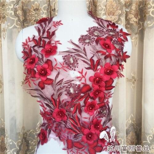 3D Red flower beaded embroidered patch applique for wedding evening dress clothing decoration patches sewing accessories