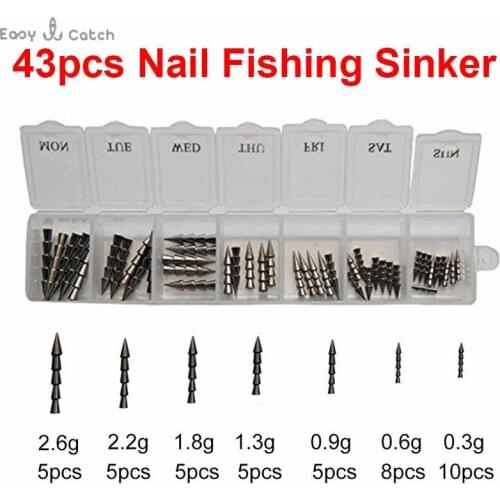 43pcs 100% Tungsten Nail Pagoda Fishing Sinker Small Thin Worm Weights Sinkers Insert Into Soft Plastic Lures Set With Box