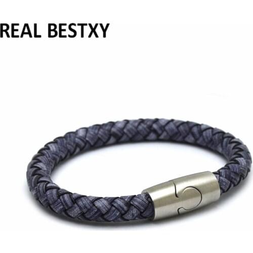 5pcs/lot Men and Women Stainless Steel Bracelet real Leather Bracelet and Bangle Couple Jewelry genuine leather bangle for gifts