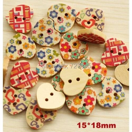 50pcs/Lot 15*18mm Kawaii heart shape wooden buttons, Mixed flower series design button, Garment accessories (SS-k833-1-546)