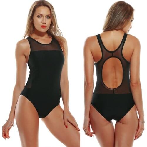Big Sale! Women Fashion Swimsuit One Piece Solid Black Sexy Mesh Insert Cut out Racer Back Bathing Suit 2021 Summer
