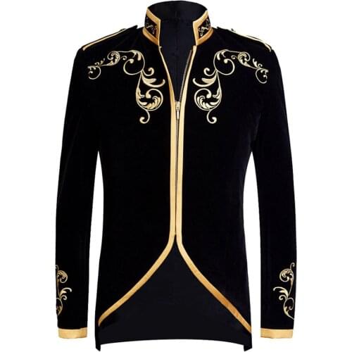 Black Velvet Mens Blazer Casual Slim Stand Collar Blazers Performance Wedding Men Clothing Vintage Embroidery Homme Costume