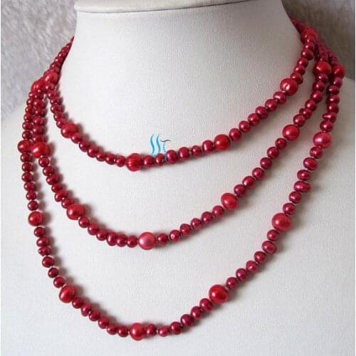 Long Pearl Jewellery 52 inches 4-8mm Corals Red Off Round Freshwater Pearl Necklace Perfect Long Necklace Womans Gift
