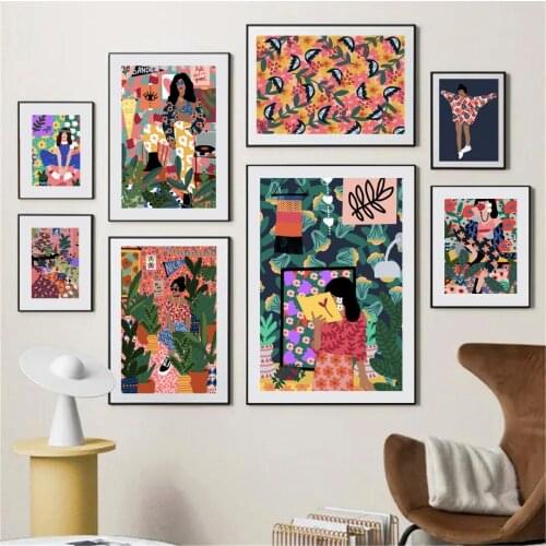 Colorful Abstract Fashion Woman Reading Plant Nordic Vintage Poster Wall Art Print Canvas Painting Decor Picture For Living Room