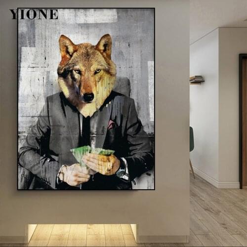 Modern Abstract Figure Animal Canvas Painting Wolf Dog Head Rich Man Art Splice Picture Print Wall Poster for Living Room Office