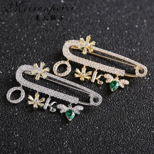 Meirenpeizi Rhinestone Brooches Safety Pins Jewelry Sparkly Fun Gift Silver Dangling Bow Crystal Flower " OK" Saying Word Broche