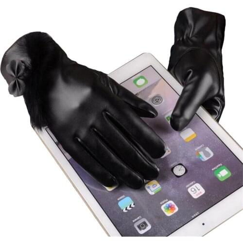NDUCJSI Fashion Women Bowknot PU Touched Screen Gloves Warm Leather Winter Thicken Ladies Elegant Winter Finger