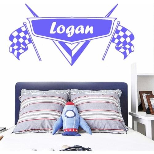Custom Name Wall Sticker Kids Room Wall Decoration Racing Flag Vinyl Decal Babys Bedroom Decor Removable Art Mural