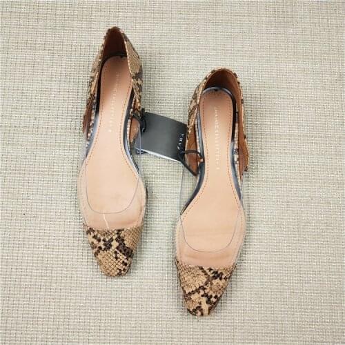 New square head stitching womens shoes snake pattern transparent flat shoes womens wild shallow mouth large size single shoes