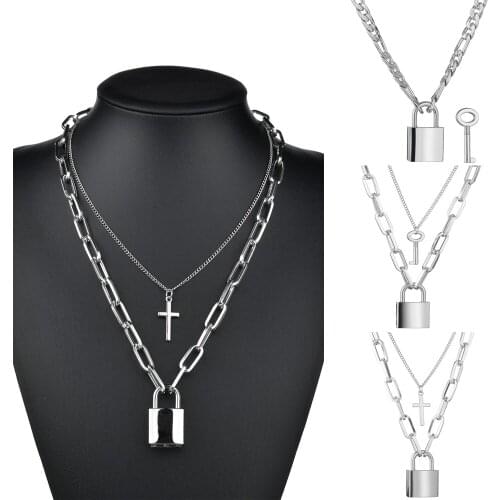 Punk Rock Cross Lock Pendant Necklace Hip Hop Double Long Necklace for Women Men Stainless Steel Sweater Chain Necklace Jewelry