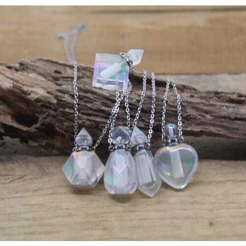 Silvery Chains Aura White Crystal Essential Oil Vial Pendants Necklaces Natural Quartz Heart Perfume Bottle Charm Jewelry QC1017