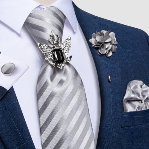 Gray Striped Neck Tie Mens Business Wedding Tie Set Pocket Square Cufflinks Luxury Silver Tie Buckle Hoop Brooch Pin Men Gift