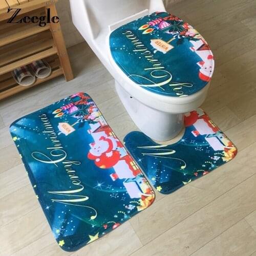 Zeegle Christmas Carpet Bath Mat Bathroom Floor Mat Non-slip Toilet 3PCS Bath Mats Set Absorbent Memory Foam Toilet Rug