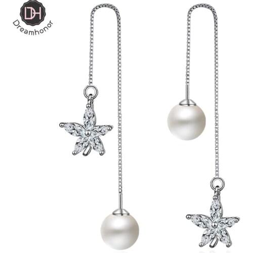 Dreamhonor Personality Female Pearl Zirconia Star 925 Sterling Silver Drop Earrings Fashion Wedding Jewelry Accessories