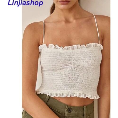 Women France Camis Crop Top Pleated Camisole Black White Ladies Camis Sleveeless Spaghetti Tank Top