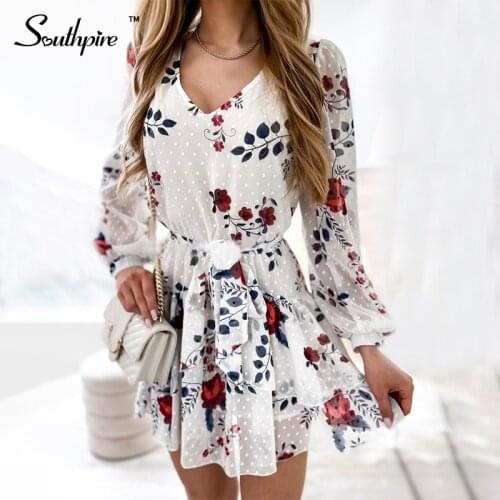 Southpire Womens Floral Print V-Neck White Mini Dress Long Sleeve Elegant Ladies Party Dress 2021 Autumn Winter Daily Clothes