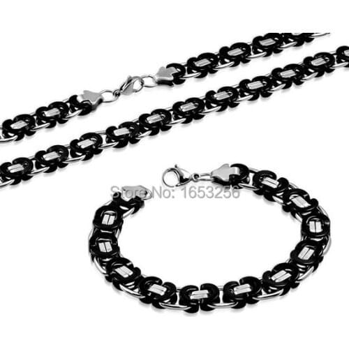 5 set Lot Wholesale 8mm wide stainless steel black Flat Byzantine Chain Link necklace and bracelet Men Jewelry Set