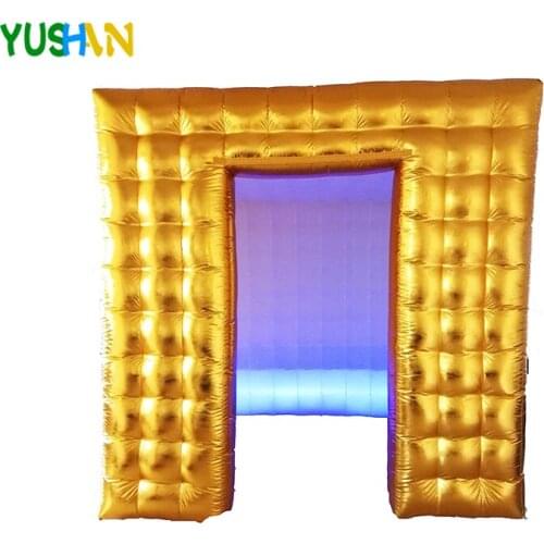 Shiny Gold Portable Inflatable Photo Booth backdrop stand with Led strip Lights and Air Blower Cabin Tent for Party Decoration