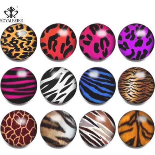 RoyalBeier Leopard Grain 18mm Snap Buttons 12pcs/Lot Convex Glass Snaps Fit DIY Bracelets For Charms Unisex Jewelry Bijoux