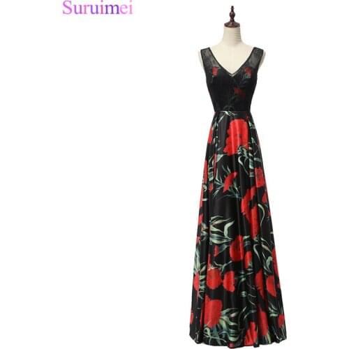 9 Style Black Evening Dresses with Floral Print Corset Lace Up Back Floor Length Long Evening Gown
