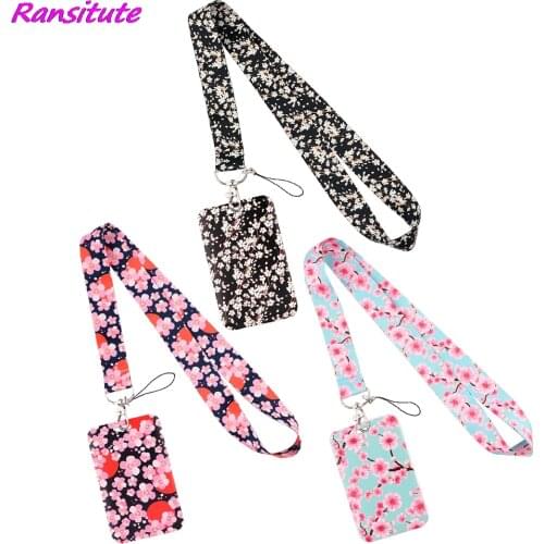 Ransitute R2209 Cherry Blossoms Lanyard Card ID Holder Car KeyChain ID Card Pass Gym Mobile Phone Badge Key Ring Holder Jewelry