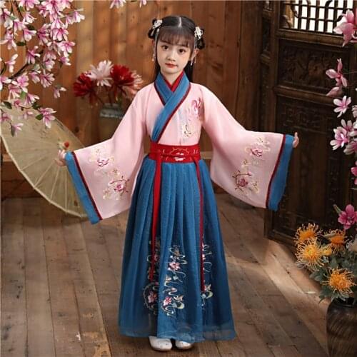 Girls Embroider HanFu Princess Birthday Party Dance Perform Dress For Kids Traditional Chinese Long Wedding Flower Girl Dress