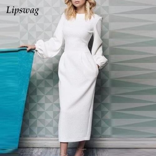 Elegant Solid Puff Shoulder Slim Long Dress Women New Casual Pocket Dress Ladies Fashion O Neck Long Sleeve Party Dress Vestido
