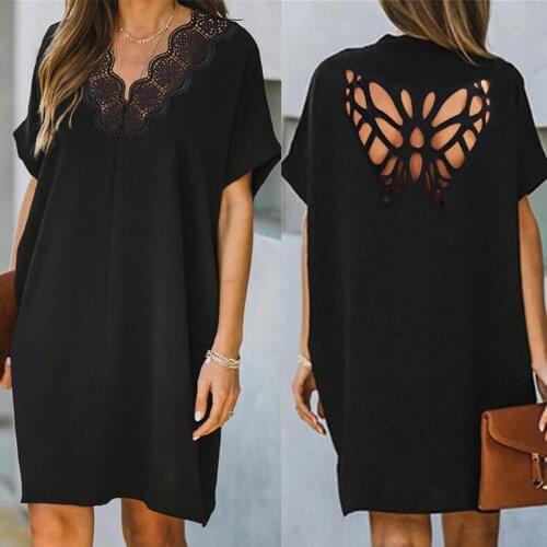 Lace Open Back Shirt Dress Women Summer Short Sleeve Casual Loose Solid Tee Shirt Dress Lace Up V Neck Knee Length Dress 40