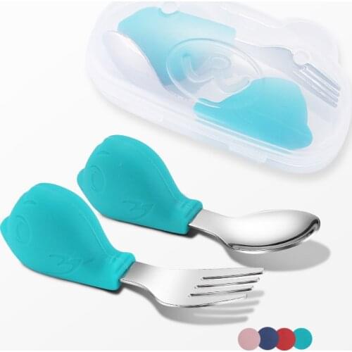 Baby Feeding Spoon 304 Stainless Steel Utensils Set Auxiliary Weaning Silicone Tableware Infant Children Self Dining Training