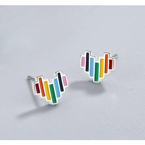 Trendy Rainbow Heart Shape Stud Earrings 925 sterling silver Drop Glaze Earring Jewelry For Girls Valentines Day gift